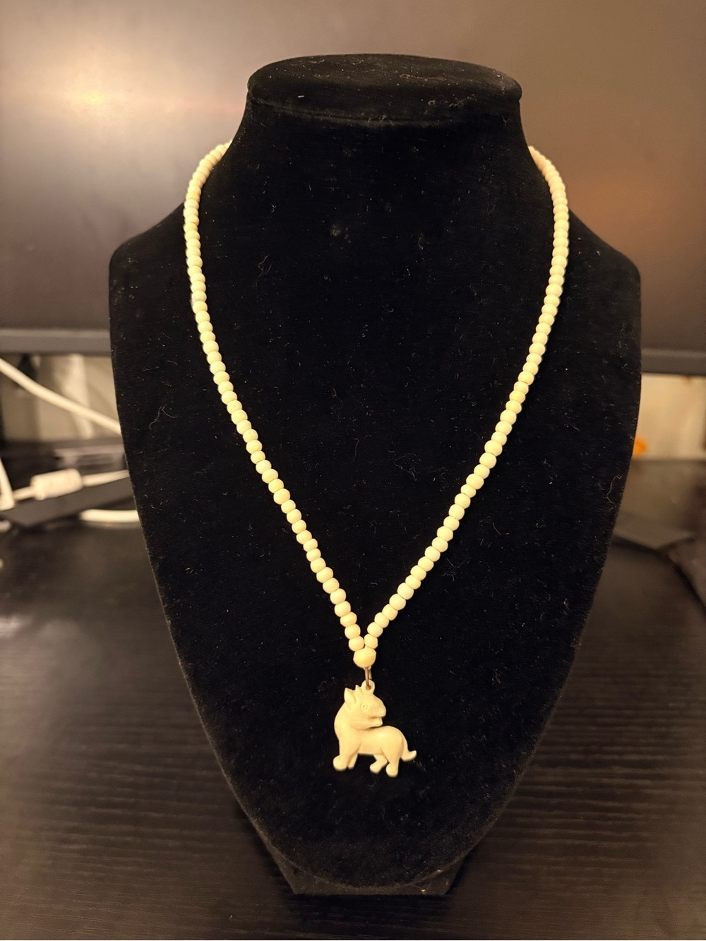 Ivory Beaded Stretch Necklace w/ Animal Charm Pendant